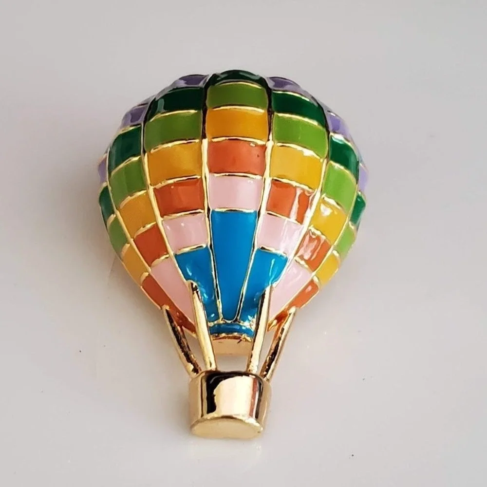 Vintage 2000 BS&CO Rainbow Enamel Hot Air Balloon Brooch Gold Tone Pin